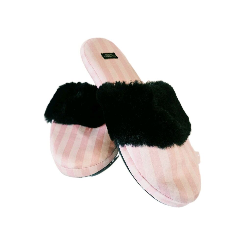 Victoria's Secret Pink Satin Faux Fur Trim Slip-On Slippers Women's Size Medium - Picture 1 of 5
